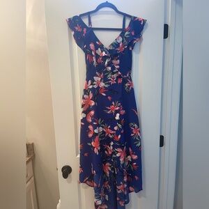 Blue Girls Dress with Tropical Floral
